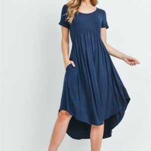 High Low Flowy Empire Pocket Short Sleeve Midi Dress Navy Blue L